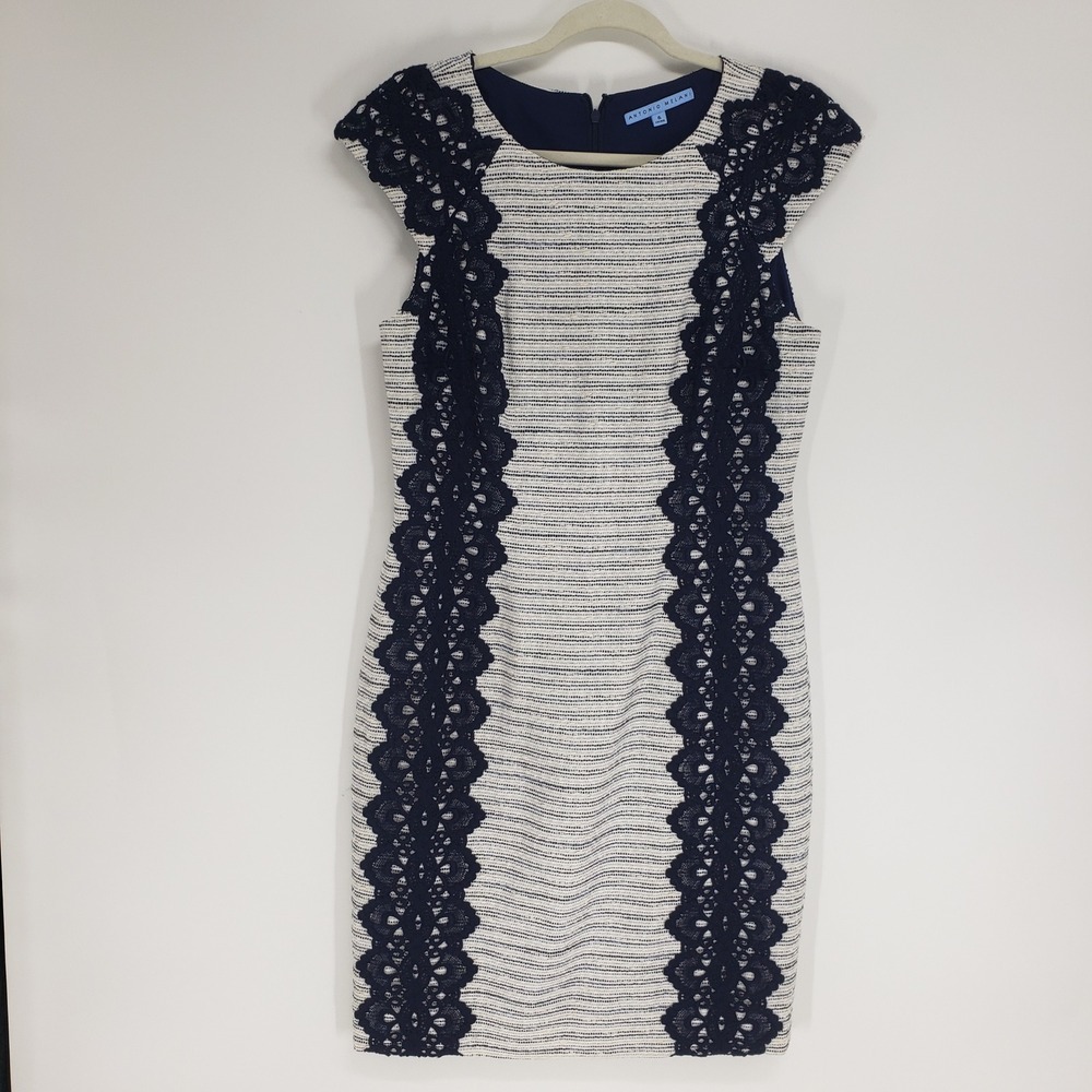 Antonio Melani Lace Trim Tweed Sheath Dress Women 6 Navy White Cap Sleeve Career